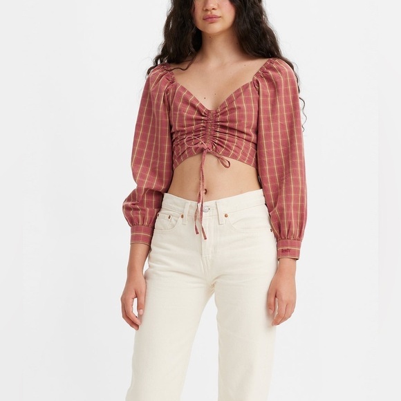 Levi's Tops - NWT Levi's Checkered Sweet Heart Neck Ruched Tie Front Crop Statement Top